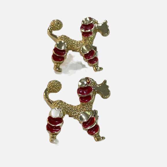 Mid Century Poodle Scatter Pins Pair Goldtone & Red Enamel Doggie Puppy Brooches - Picture 5 of 9